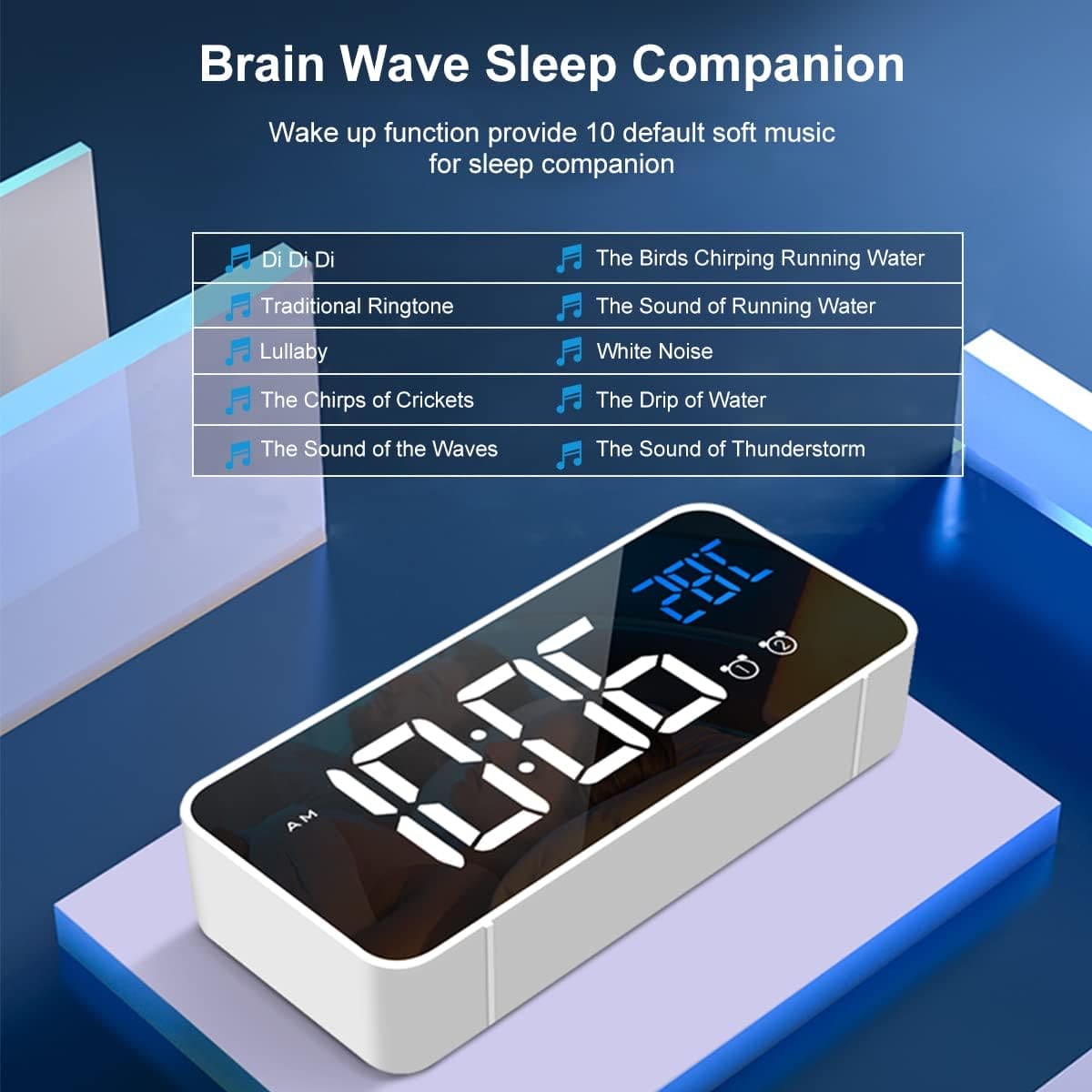 HOMVILLA Digital Alarm Clock with Big LED Temperature Display, Portable Mirror Alarm with Dual Alarm Snooze Time 4 Levels Adjustable Brightness Dimmer 13 Music USB Charging Port for Bedside, Bedroom