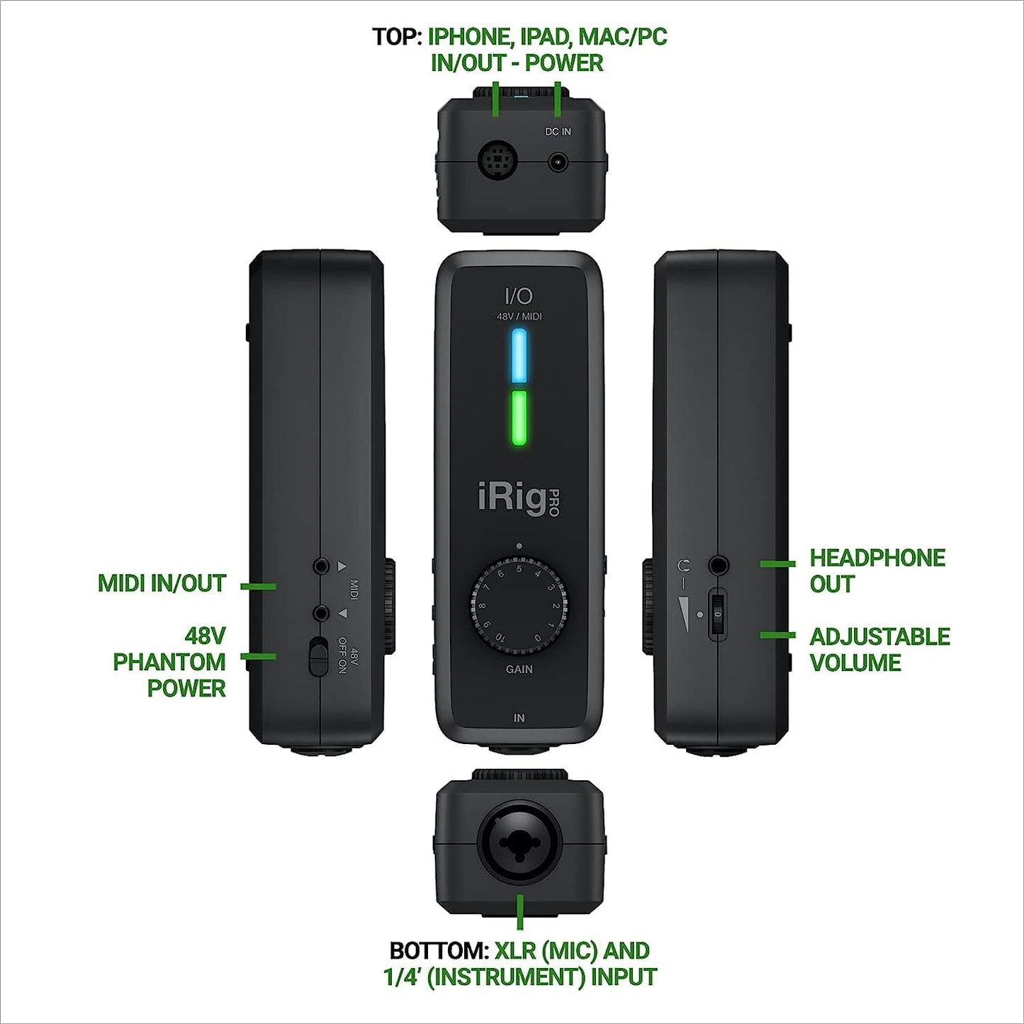 IK Multimedia iRig Pro I/O - Fully Equipped Pocket Audio, MIDI Interface, Recording Studio Quality Sound, 24 bits/96 kHz, Additional Essential Functions for Mobile Recording(Black)