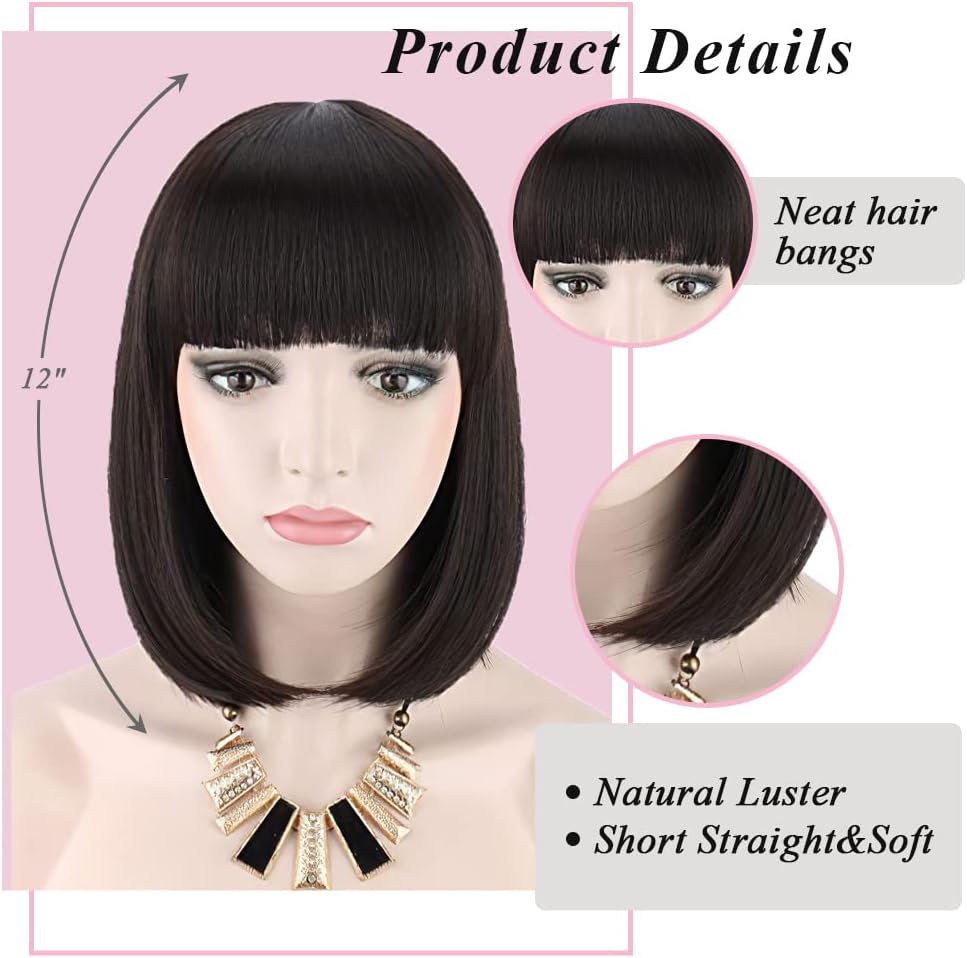 Kalyss Synthetic Bob Wigs for Women Short Dark Brown Bob Wig Natural Looking Straight Ladies Daily Hair Wig with Fringe for Cosplay Halloween Christmas Party