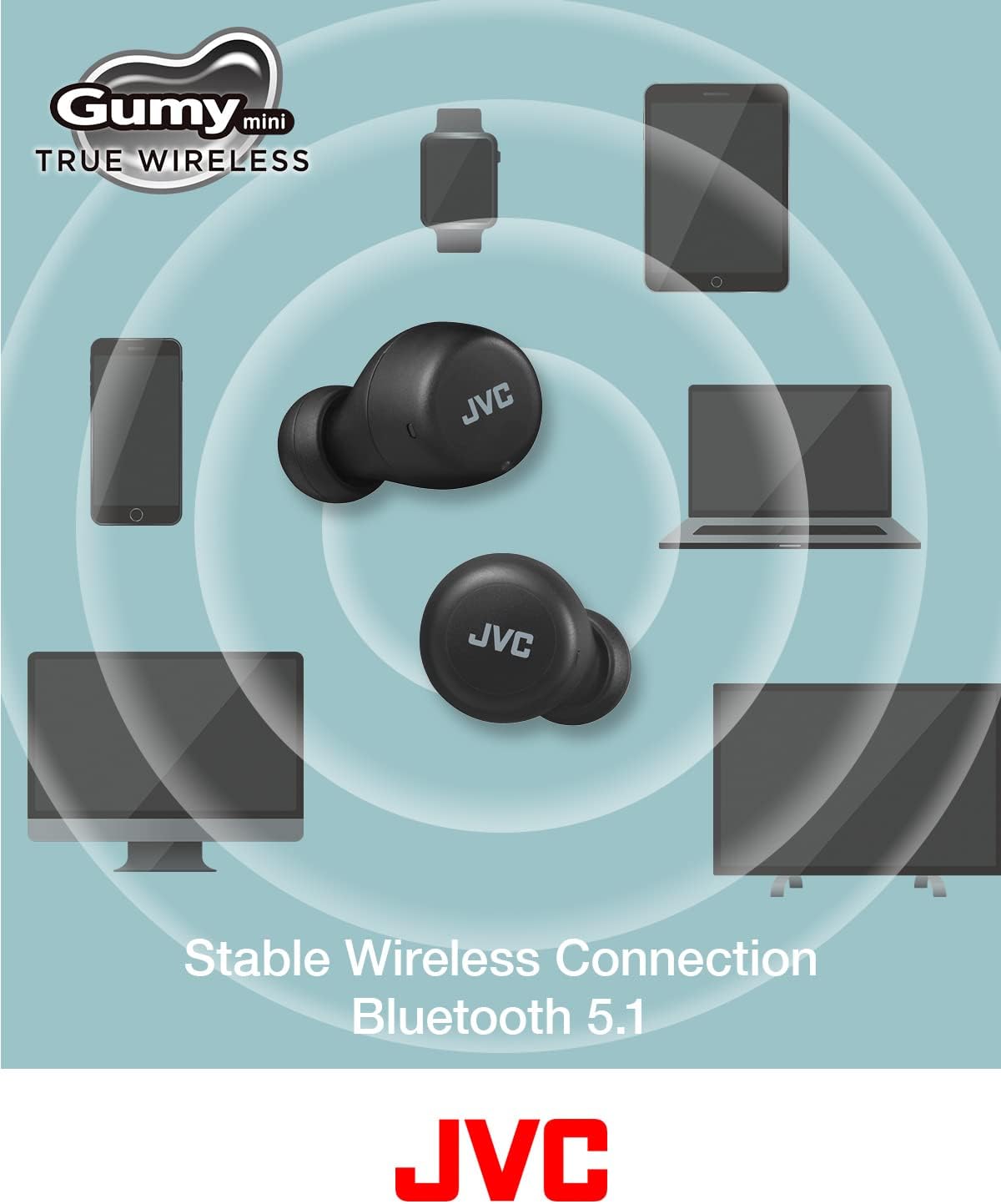 JVC Gumy Mini True Wireless Earbuds [Amazon Exclusive Edition], Bluetooth 5.1, Splash Protection (IPX4), Long Battery Life (up to 15 Hours) - HA-Z55T-B (Black)