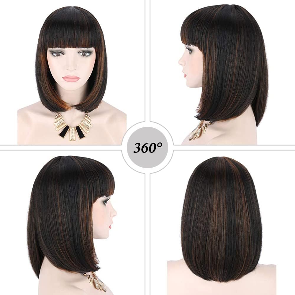 Kalyss Synthetic Bob Wigs for Women Short Dark Brown Bob Wig Natural Looking Straight Ladies Daily Hair Wig with Fringe for Cosplay Halloween Christmas Party