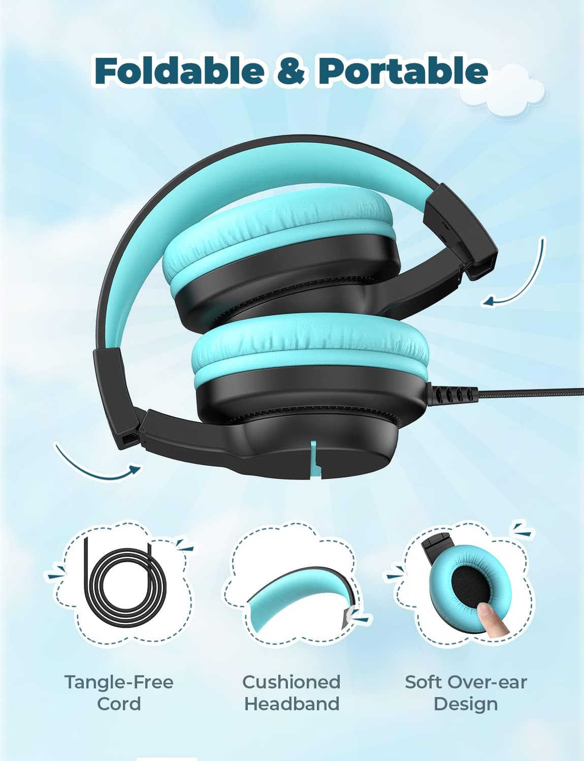 iClever HS19 Kids Headphones Over Ear, HD Stereo Headphones with Microphone for Children, Volume Limiter 85/94dB, Sharing Function, Foldable Headphones for School/Travel/Phone/Kindle/PC/MP3