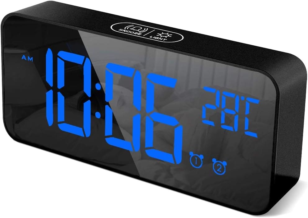 HOMVILLA Digital Alarm Clock with Big LED Temperature Display, Portable Mirror Alarm with Dual Alarm Snooze Time 4 Levels Adjustable Brightness Dimmer 13 Music USB Charging Port for Bedside, Bedroom