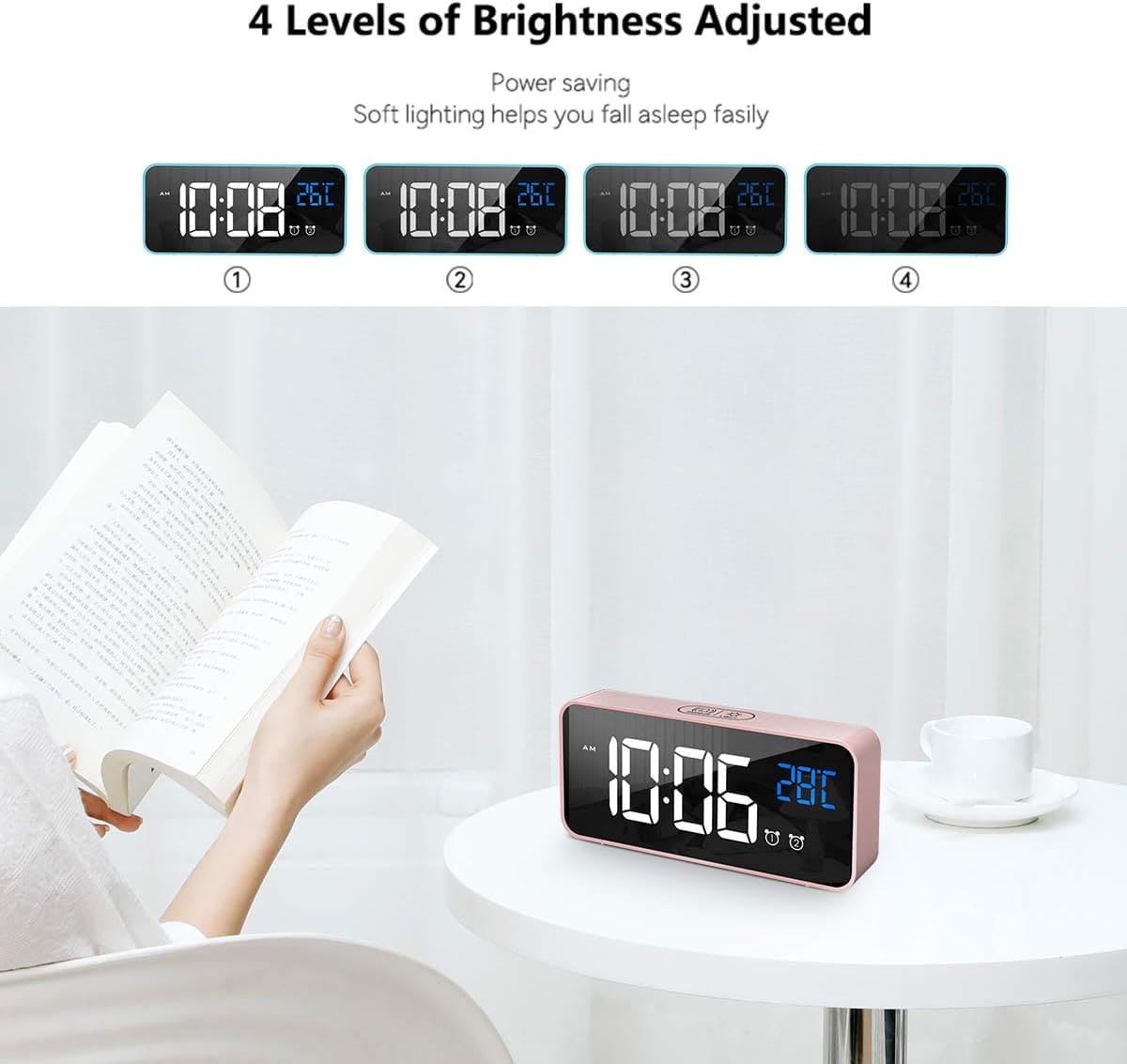 HOMVILLA Digital Alarm Clock with Big LED Temperature Display, Portable Mirror Alarm with Dual Alarm Snooze Time 4 Levels Adjustable Brightness Dimmer 13 Music USB Charging Port for Bedside, Bedroom