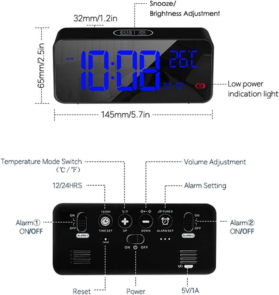 HOMVILLA Digital Alarm Clock with Big LED Temperature Display, Portable Mirror Alarm with Dual Alarm Snooze Time 4 Levels Adjustable Brightness Dimmer 13 Music USB Charging Port for Bedside, Bedroom