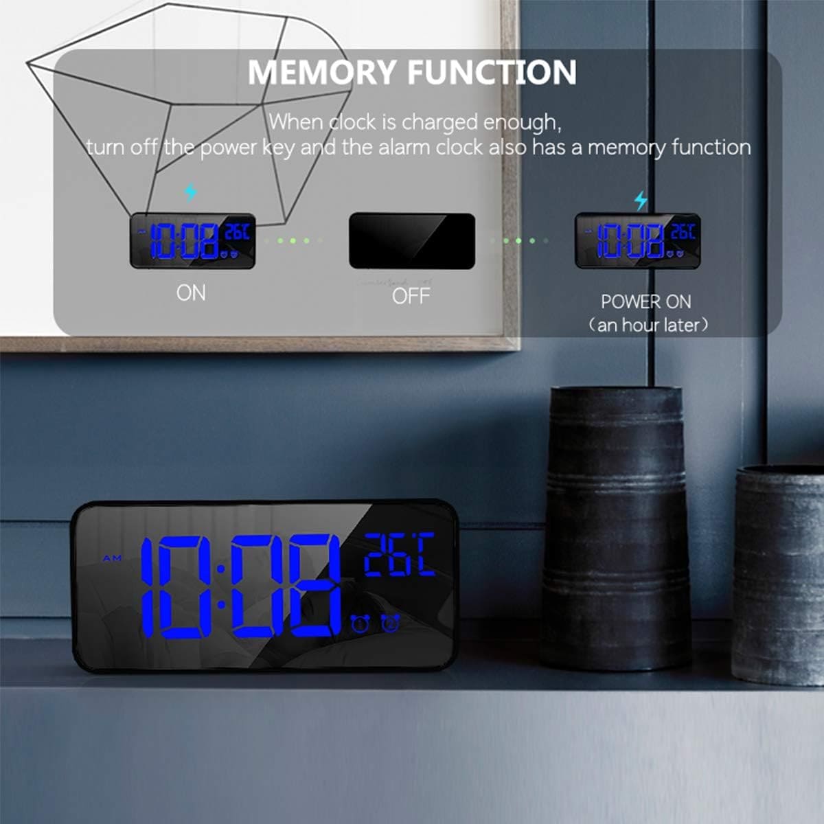 HOMVILLA Digital Alarm Clock with Big LED Temperature Display, Portable Mirror Alarm with Dual Alarm Snooze Time 4 Levels Adjustable Brightness Dimmer 13 Music USB Charging Port for Bedside, Bedroom