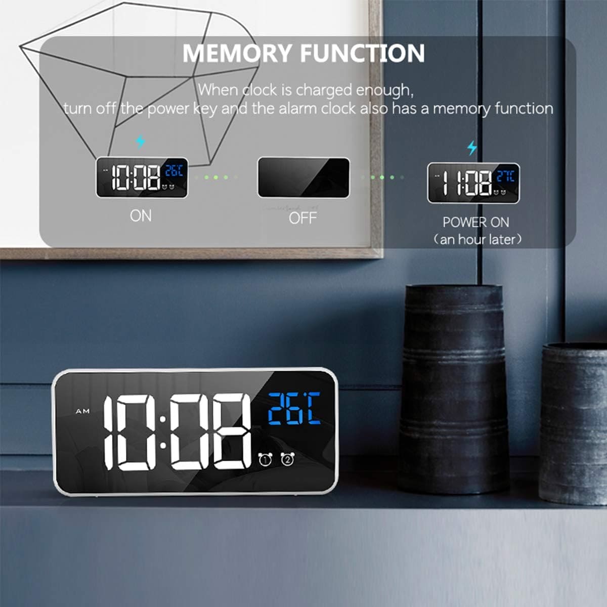 HOMVILLA Digital Alarm Clock with Big LED Temperature Display, Portable Mirror Alarm with Dual Alarm Snooze Time 4 Levels Adjustable Brightness Dimmer 13 Music USB Charging Port for Bedside, Bedroom