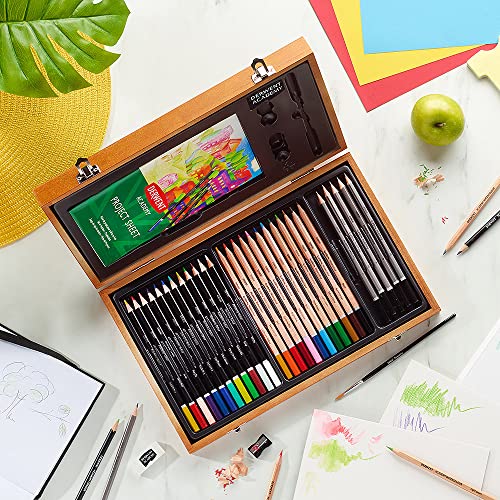 Derwent Academy Wooden Gift Box,Complete 35 Piece Art Set with Colouring Pencils,Pastels & Accessories, Ideal Collection for Drawing, Sketching & Crafts, Premium Hobbyist Quality Kit, 2300147