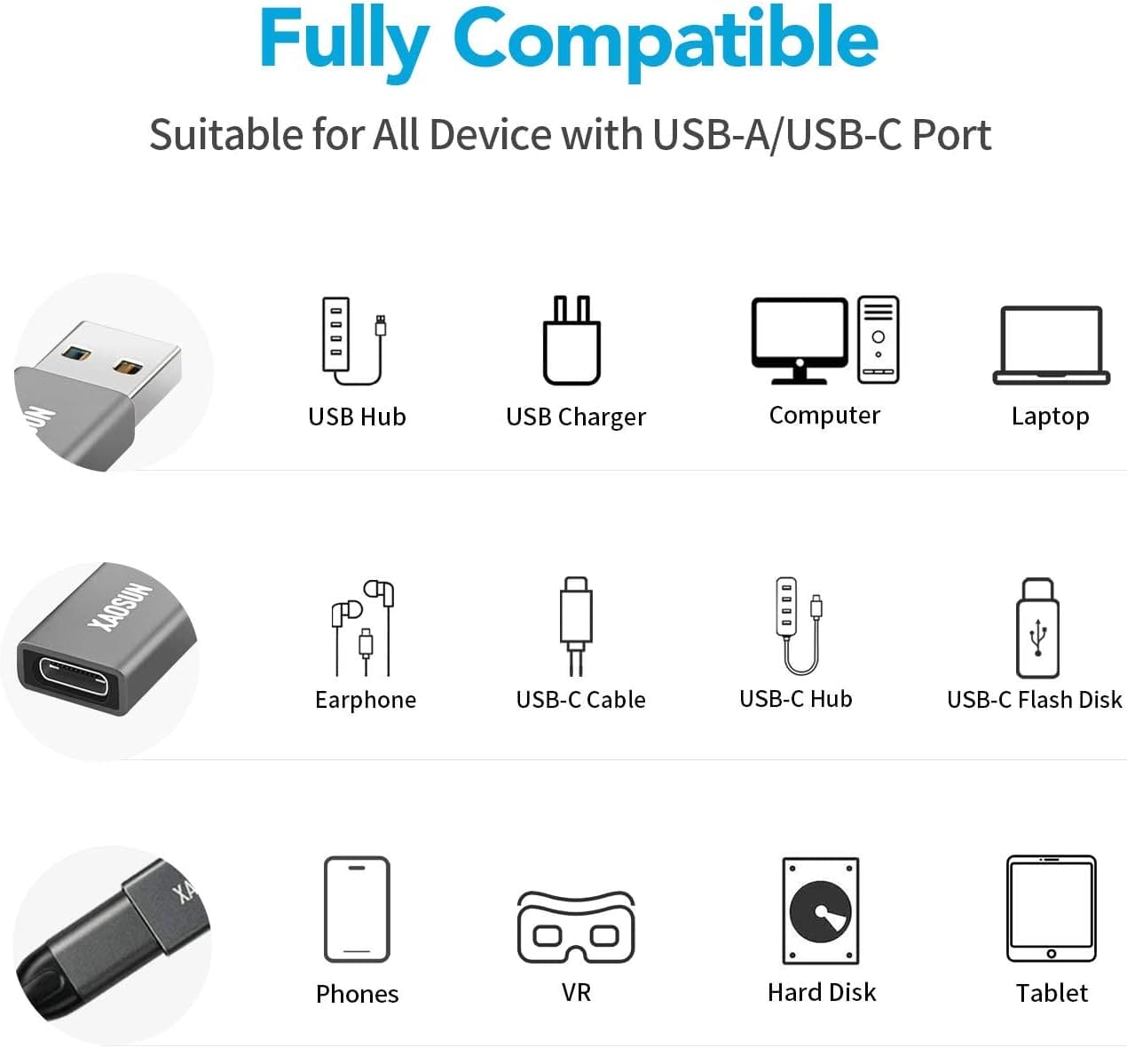 [10Gbps] USB C Female to USB Male Adapter (2-Pack), 3.1 USB A to USB C Adapter, XAOSUN One-Sided SuperSpeed Data Sync & 100W Fast Charging For iphone 15 Plus Pro Max, Laptop, Charger, Quest Link, etc.