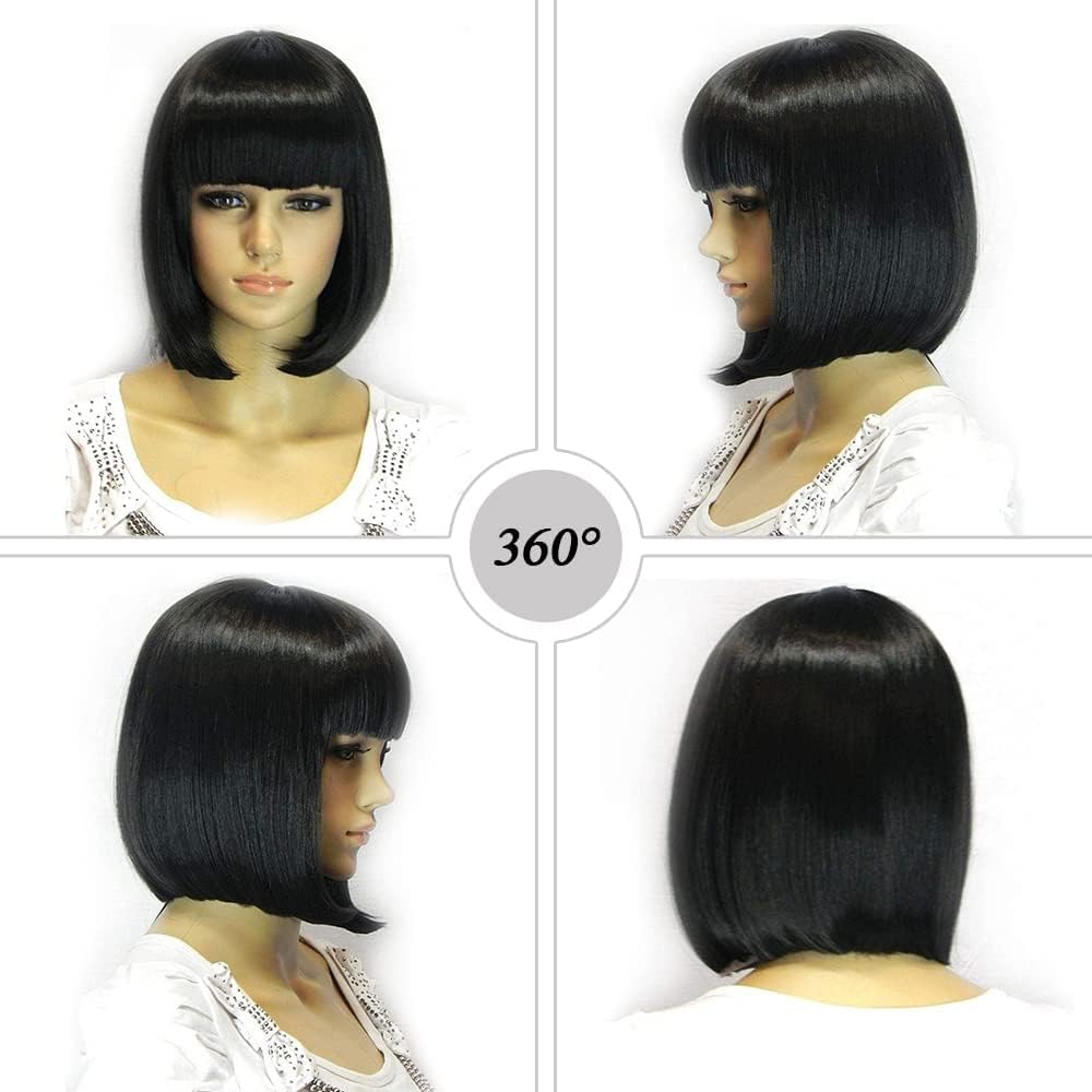 Kalyss Synthetic Bob Wigs for Women Short Dark Brown Bob Wig Natural Looking Straight Ladies Daily Hair Wig with Fringe for Cosplay Halloween Christmas Party