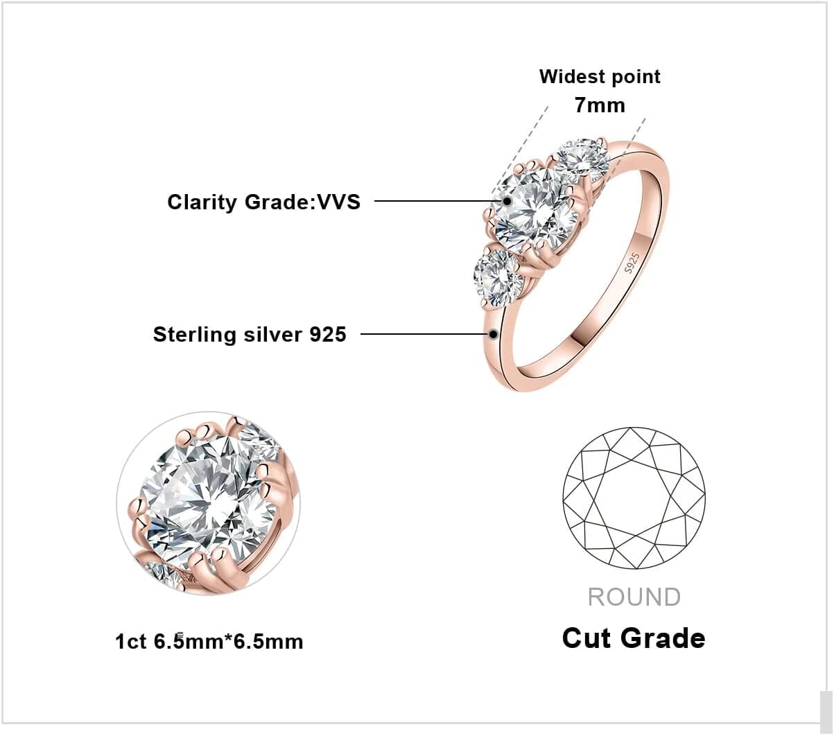 JewelryPalace Classic 3 Stones 1ct Cubic Zirconia Engagement Rings for Women, 925 Sterling Silver Promise Ring for Her, Round Cut Simulated Diamond Wedding Ring