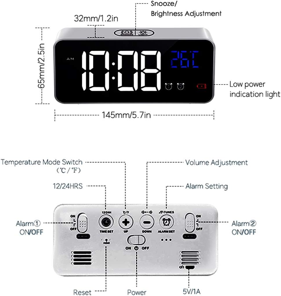 HOMVILLA Digital Alarm Clock with Big LED Temperature Display, Portable Mirror Alarm with Dual Alarm Snooze Time 4 Levels Adjustable Brightness Dimmer 13 Music USB Charging Port for Bedside, Bedroom