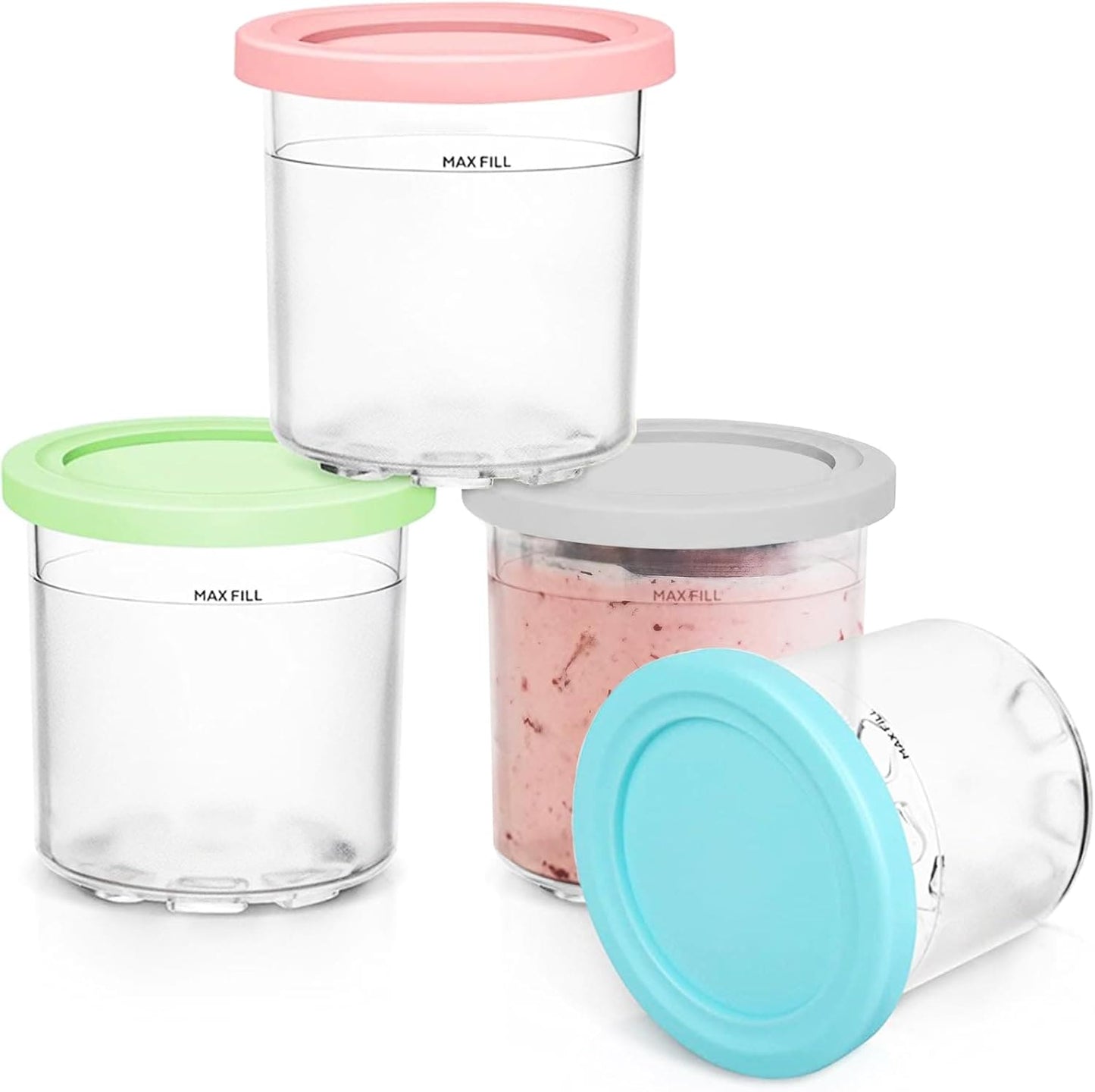 HELAJOY 4 Pack Ice Cream Pints Cups, 16oz, Compatible with Ninja Creami Ice Cream Maker NC299AMZ & NC300 Series, BPA-Free & Dishwasher Safe, with Colorful Lids (Grey/Green/Pink/Aqua)