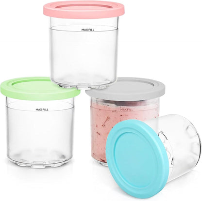 HELAJOY 4 Pack Ice Cream Pints Cups, 16oz, Compatible with Ninja Creami Ice Cream Maker NC299AMZ & NC300 Series, BPA-Free & Dishwasher Safe, with Colorful Lids (Grey/Green/Pink/Aqua)