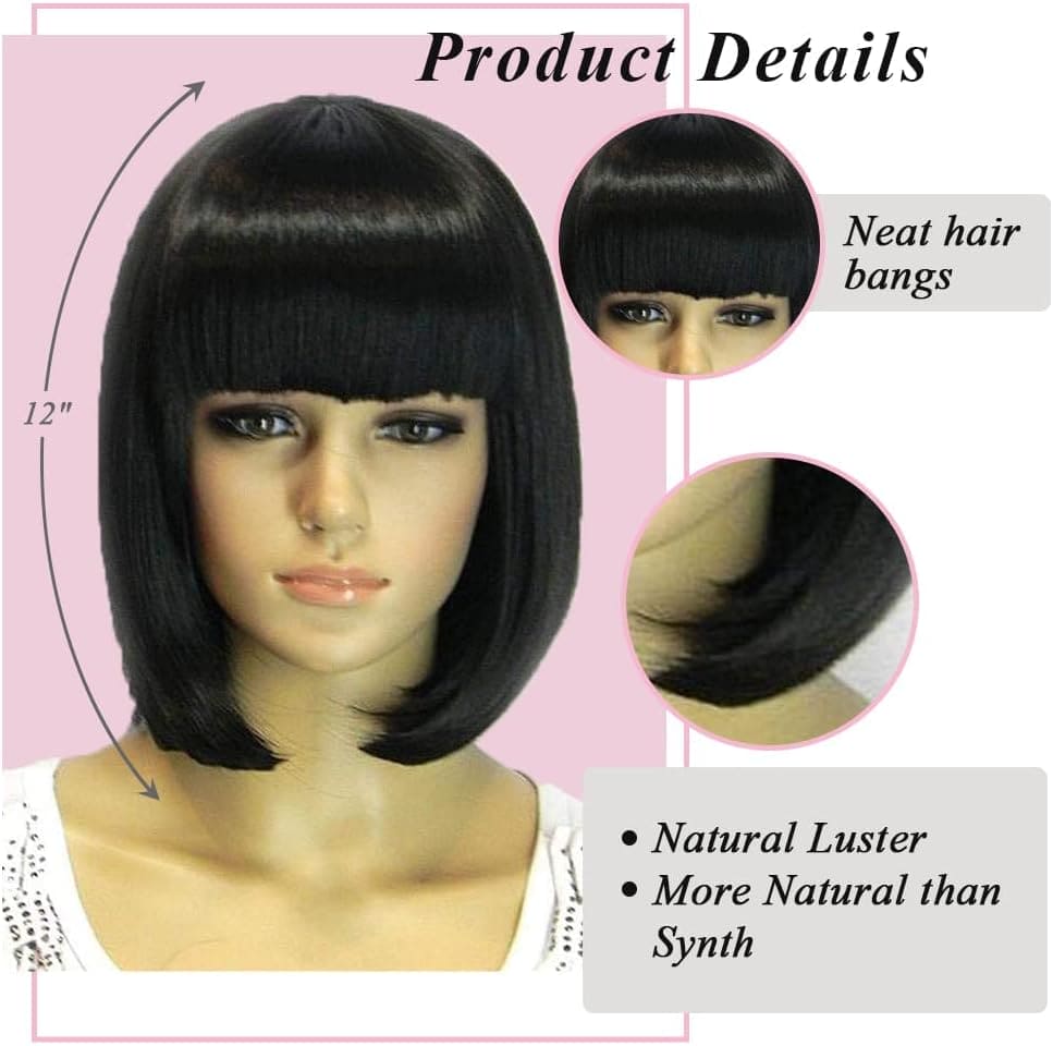 Kalyss Synthetic Bob Wigs for Women Short Dark Brown Bob Wig Natural Looking Straight Ladies Daily Hair Wig with Fringe for Cosplay Halloween Christmas Party