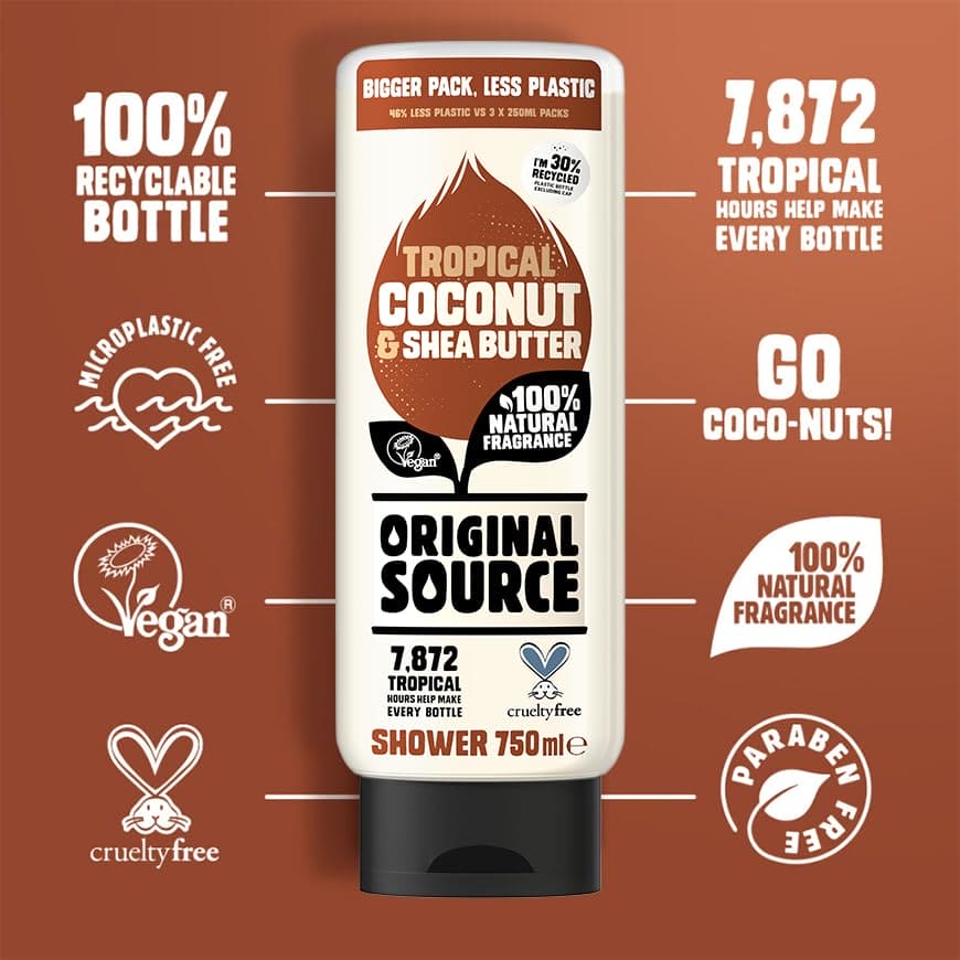 Original Source Coconut and Shea Butter Shower Gel, 100 Percent Natural Fragrance, Vegan, Cruelty Free, Paraben Free, Large Bottle, 750 ml