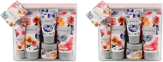 Vintage & Co Patterns & Petals Top To Toe Kit | 50ml Hand Cream, 50ml Body Lotion, 30ml Foot Cream, 10ml Lip Balm & 30g Bath Salts | Travel Friendly Sizes