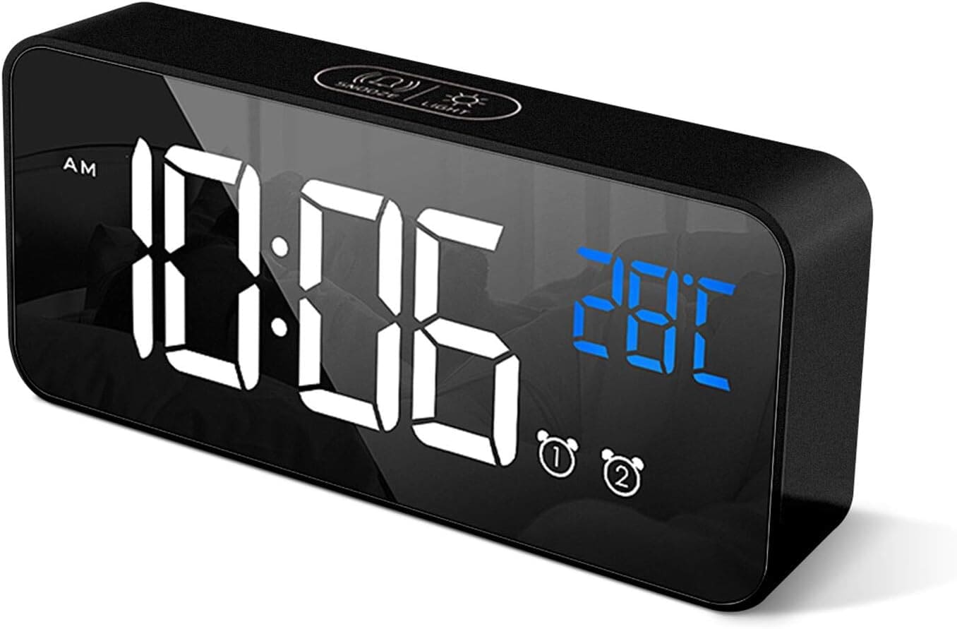 HOMVILLA Digital Alarm Clock with Big LED Temperature Display, Portable Mirror Alarm with Dual Alarm Snooze Time 4 Levels Adjustable Brightness Dimmer 13 Music USB Charging Port for Bedside, Bedroom