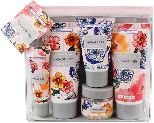 Vintage & Co Patterns & Petals Top To Toe Kit | 50ml Hand Cream, 50ml Body Lotion, 30ml Foot Cream, 10ml Lip Balm & 30g Bath Salts | Travel Friendly Sizes