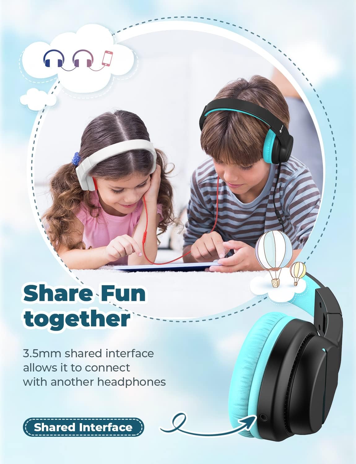 iClever HS19 Kids Headphones Over Ear, HD Stereo Headphones with Microphone for Children, Volume Limiter 85/94dB, Sharing Function, Foldable Headphones for School/Travel/Phone/Kindle/PC/MP3