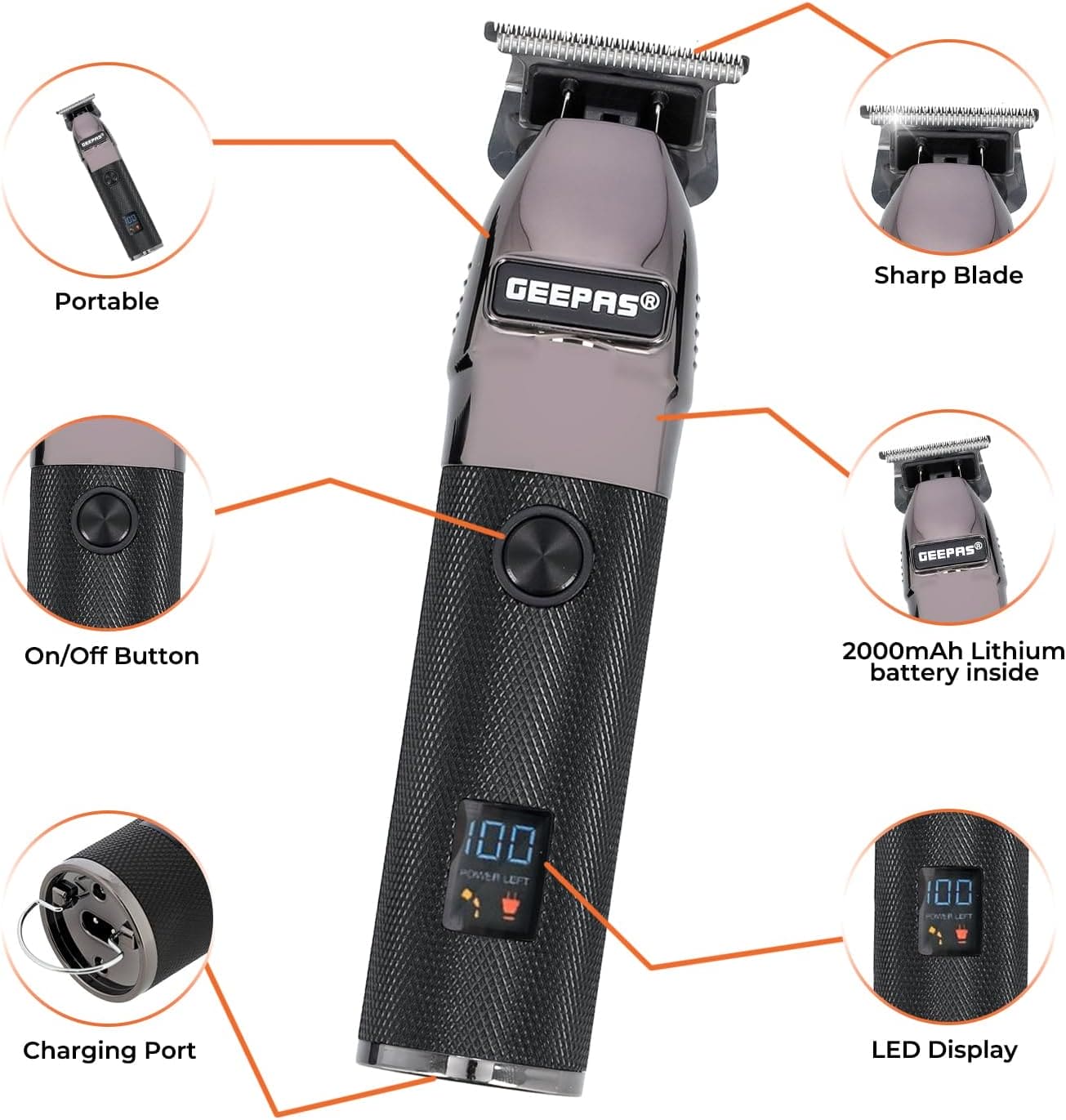 Geepas Hair Clipper – Electric Stubble Beard Trimmer, Hair Clipper – Creates Fine Lines Contours - Cordless Electric Hair Clipper – USB Rechargeable Battery, LED Display – 1.5/3/6/9 mm Guide Comb