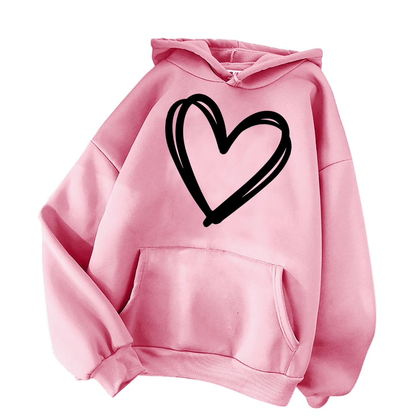 JISDFKFL Hoodies for Women Uk Sale Clearance, Uni-Sex Plain Loose Warm Drop Shoulder Pullover Fall Winter Long Sleeve Heart Pattern Print Drawstring Fleece w Pockets Ladies Tops Pink