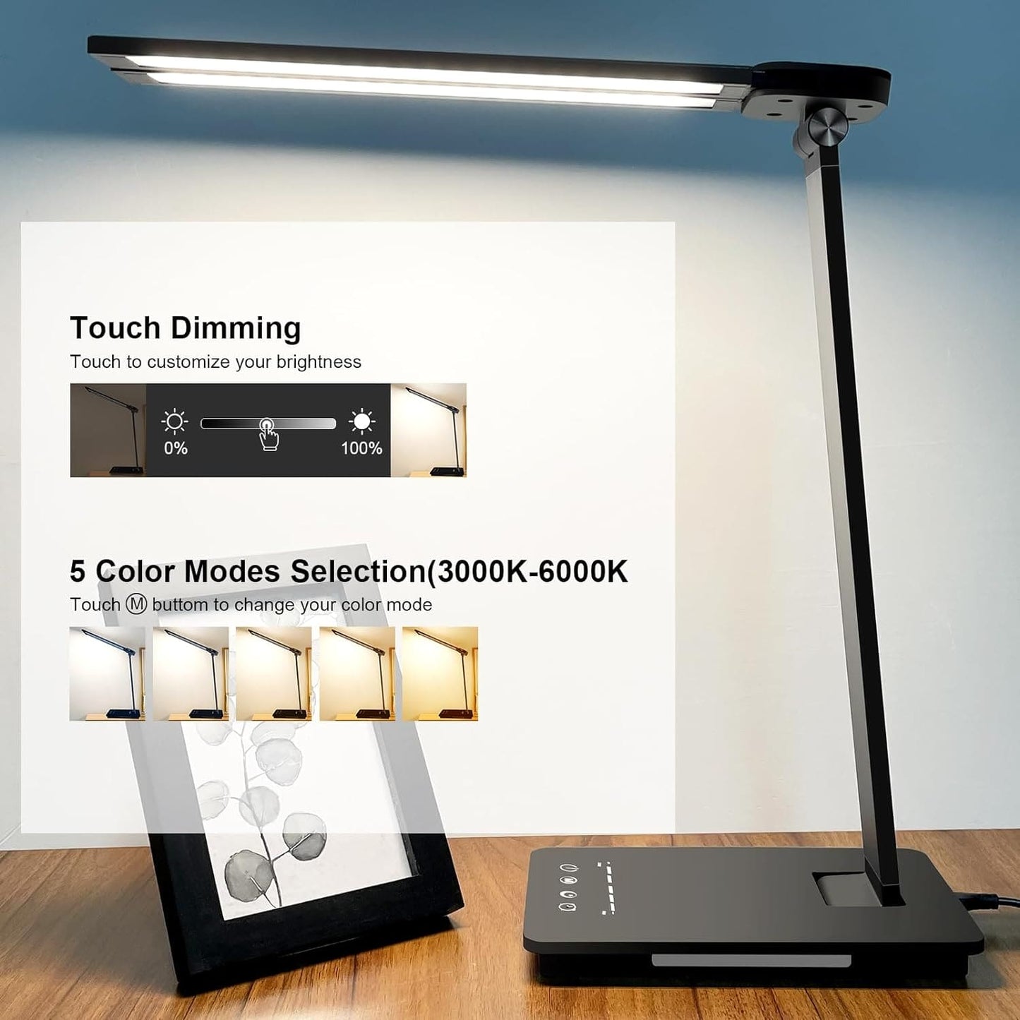 GLITI Desk Lamp Dimmable Table Lamp Foldable Reading Lamp Double Swing Arm Desk Light with USB Charging Port,5 Light Modes, Touch Control, Auto-Off Timer, Eye-Caring Led Desk Lamp for Work (Black)