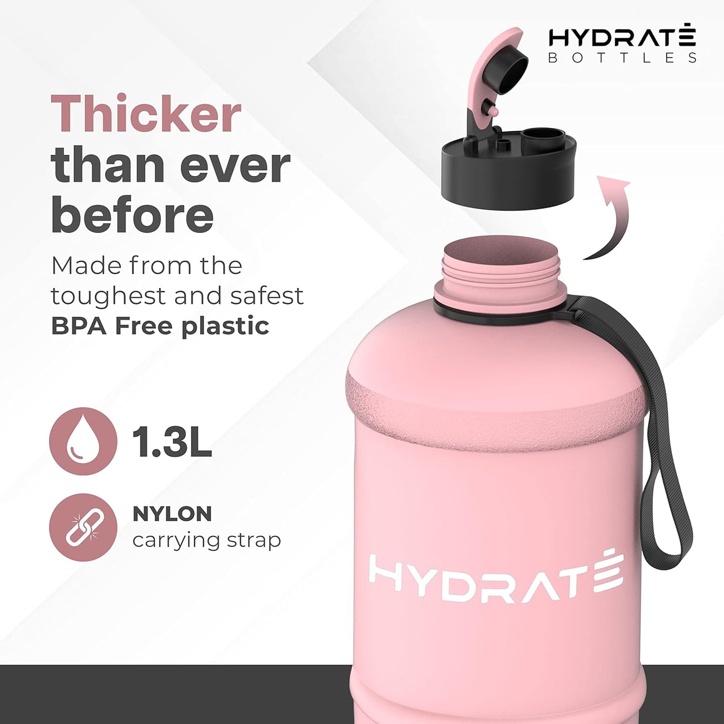 HYDRATE XL Jug Half Gallon Water Bottle with Nylon Carrying Strap & Leak-Proof Flip Cap - 2 Liter Water Jug - Large Capacity for Gym, Workouts, Sports, Running, Jogging, Travel - Matte Nude (74 oz)