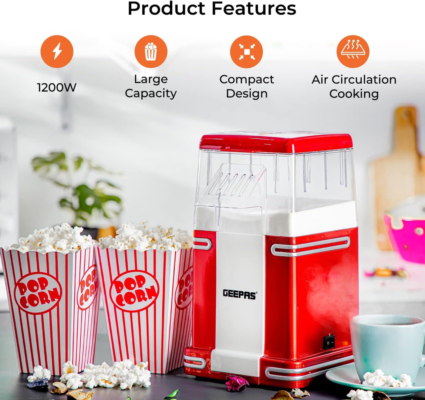 Geepas 1200W Electric Popcorn Maker Machine | Makes Hot, Fresh, Healthy and Fat-Free Theater Style Popcorn Anytime | On/Off Switch, Attractive Design & Oil-Free Popcorn Popper - 2 Years Warranty