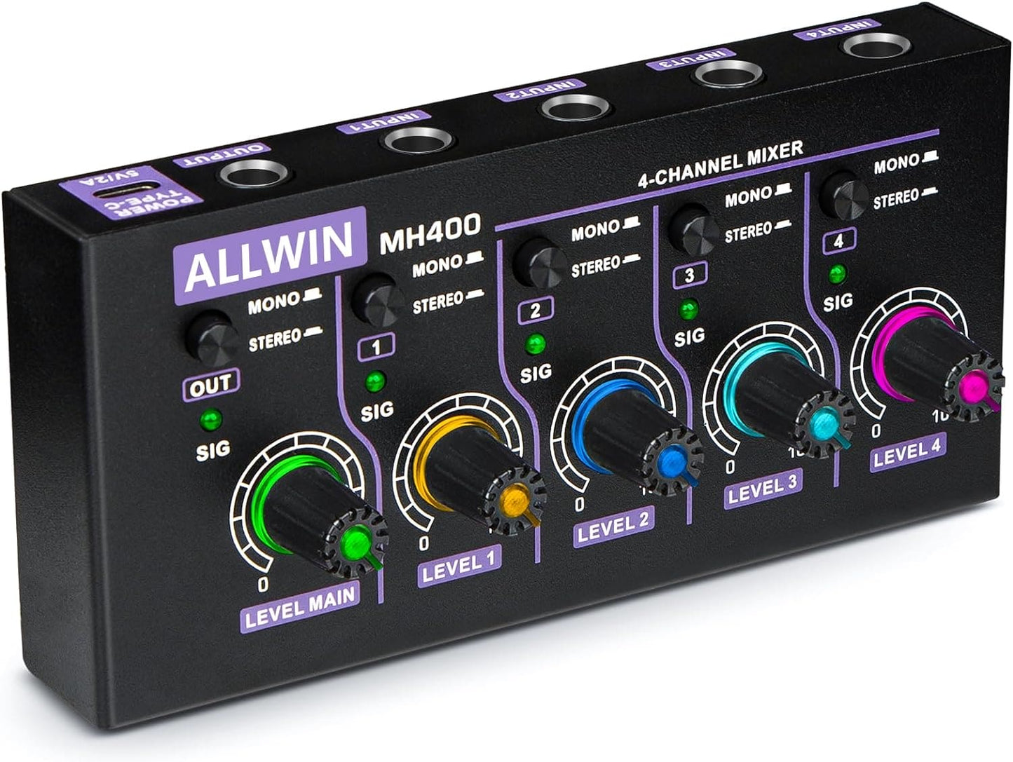 4-Channel Line Mixer, ALLWIN Mini Audio Mixer Low Noise DC5V 4in1out Support Mono and Stereo for Sub Mixing, for Microphones/Guitars/Bass/Keyboards/Mixers/Instruments