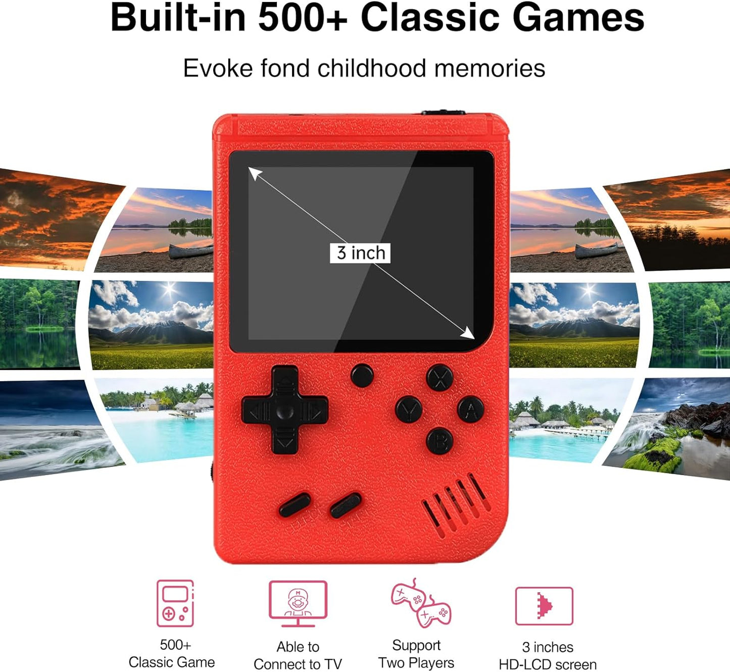 Handheld Game Console, 3.0 Inch Screen, Retro Mini Games Console 500+ Classic FC Games, Support Up to 2 Players & TV Ideal Christmas or Birthday Gift