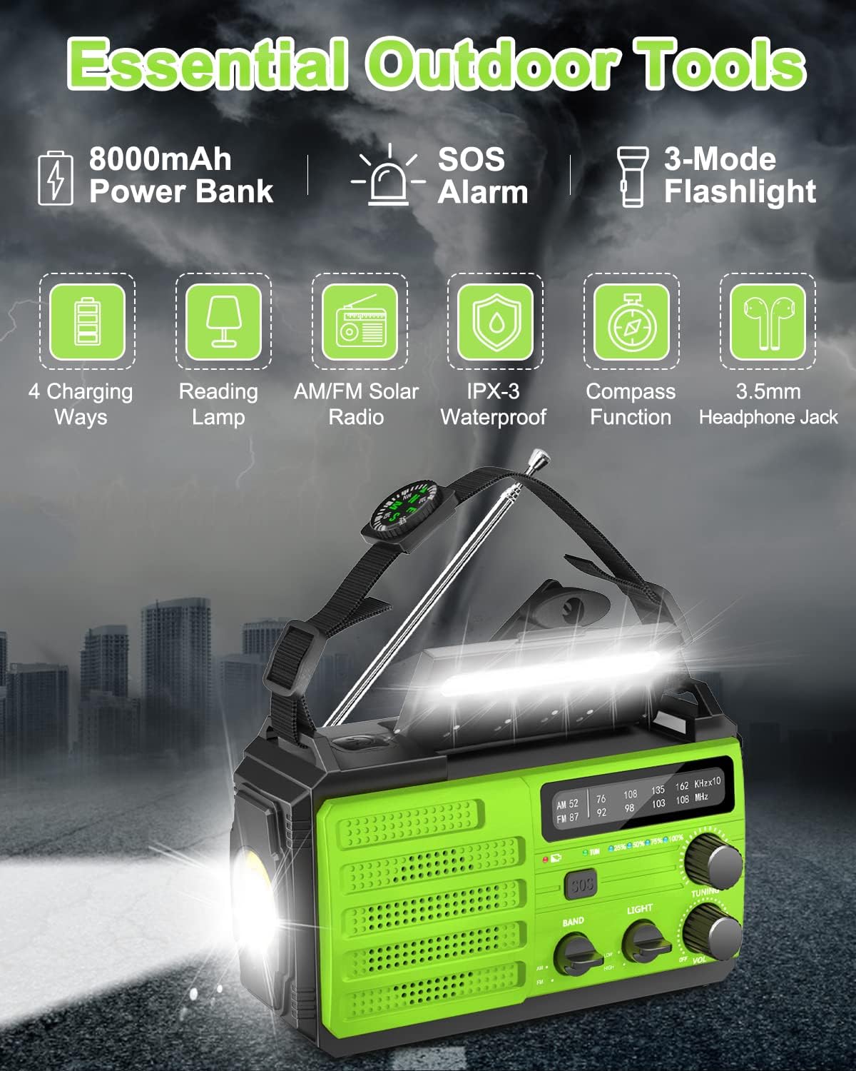 Wind Up Radio,8000mAh Hand Crank Solar Radio,AM/FM Emergency Weather Radio,3-Mode Flashlight,2-Mode Reading Lamp,Survival Radio with USB Phone Charger,SOS Alarm,for Outdoor and Emergency