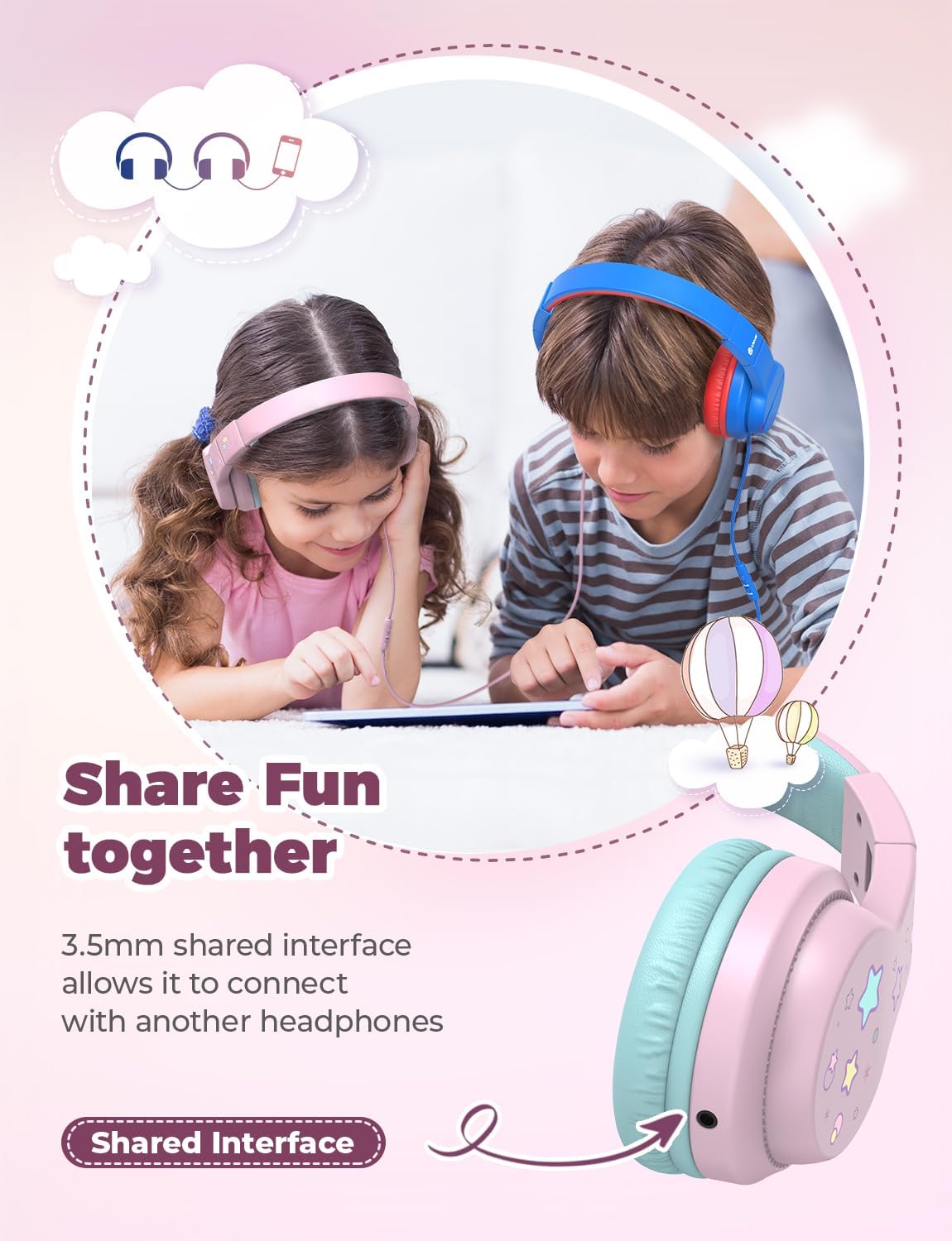 iClever HS19 Kids Headphones Over Ear, HD Stereo Headphones with Microphone for Children, Volume Limiter 85/94dB, Sharing Function, Foldable Headphones for School/Travel/Phone/Kindle/PC/MP3