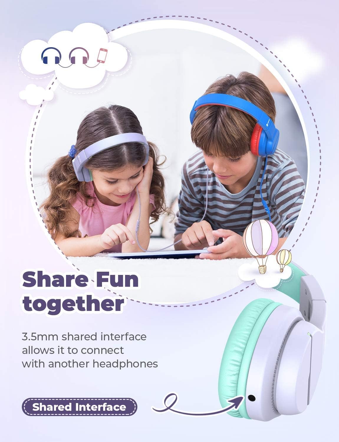 iClever HS19 Kids Headphones Over Ear, HD Stereo Headphones with Microphone for Children, Volume Limiter 85/94dB, Sharing Function, Foldable Headphones for School/Travel/Phone/Kindle/PC/MP3