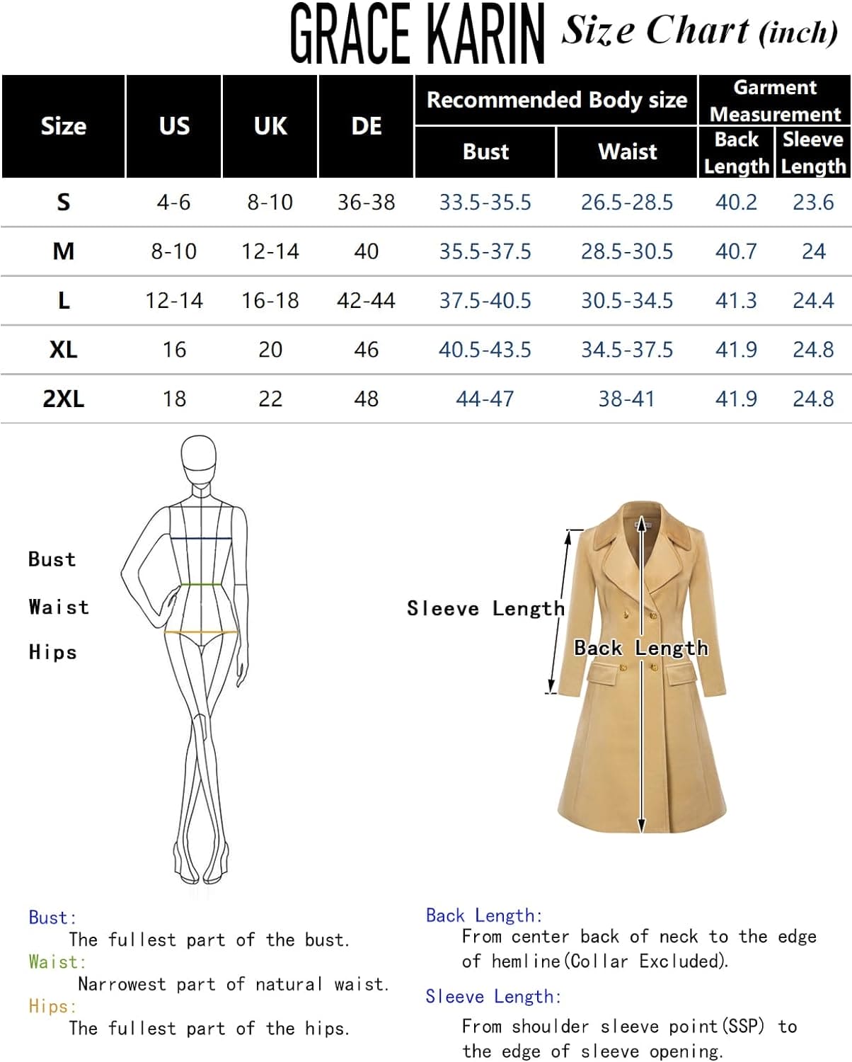 GRACE KARIN Winter Coats for Women UK Warm Long Duffel Coats Double Breasted Chunky Jackets