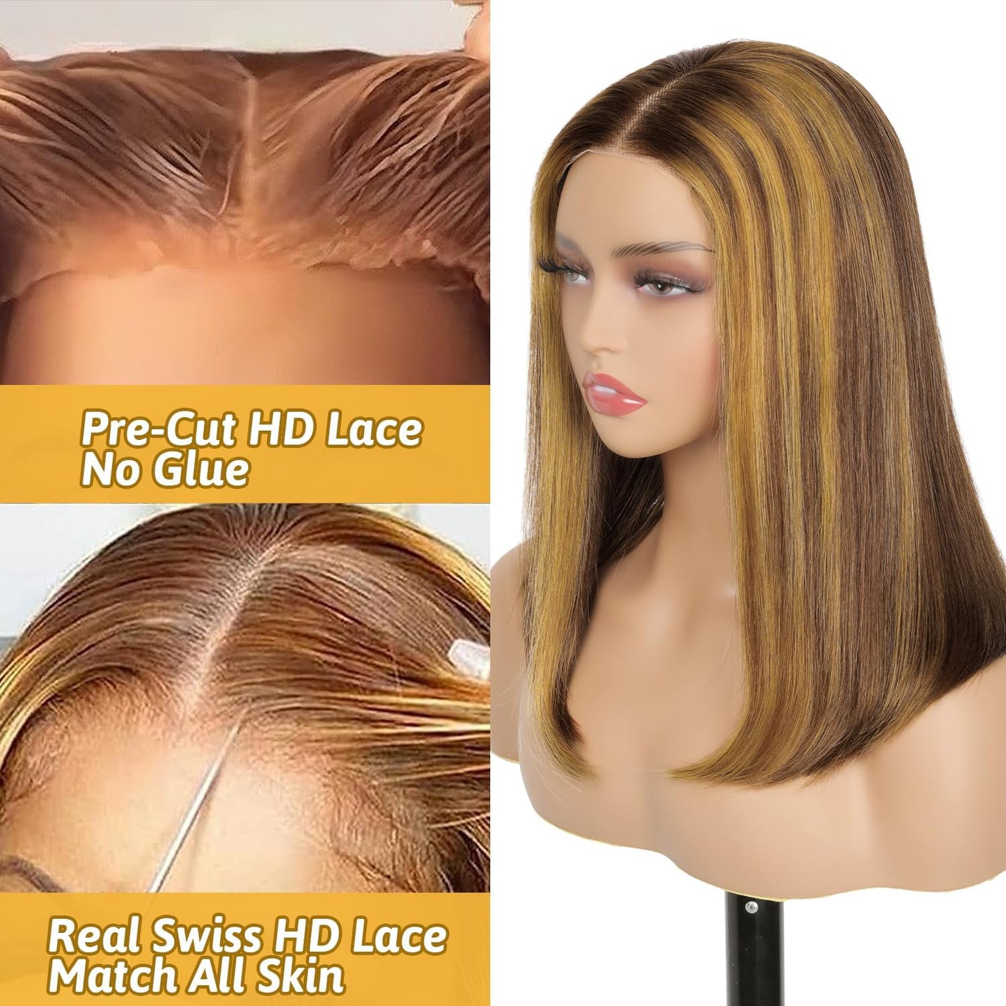 HD Lace Glueless Wig Wear and Go Brazilian Straight Lace Wigs For Women ShowJarlly No Glue 5x5 Lace Pre Cut Wig Human Hair Wigs chocolate brown mixed honey blonde wig 180% Density 18 Inch 4/27