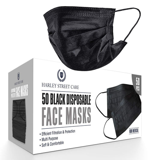 Harley Street Care Disposable Black Face Masks Protective 3 Ply Breathable Triple Layer Mouth Cover with Elastic Earloops - 2 Boxes of 50 pcs each (100 pcs)