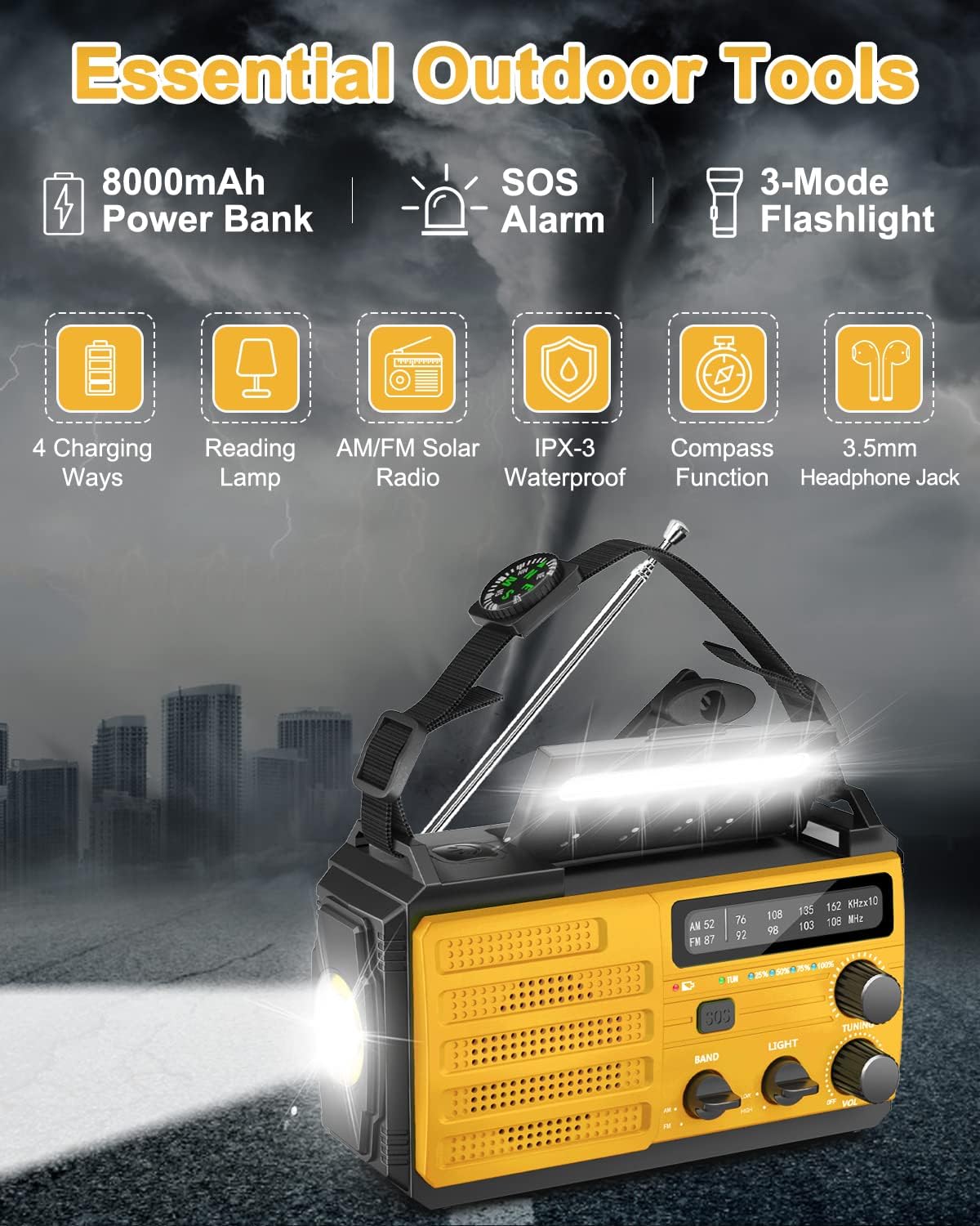 Wind Up Radio,8000mAh Hand Crank Solar Radio,AM/FM Emergency Weather Radio,3-Mode Flashlight,2-Mode Reading Lamp,Survival Radio with USB Phone Charger,SOS Alarm,for Outdoor and Emergency