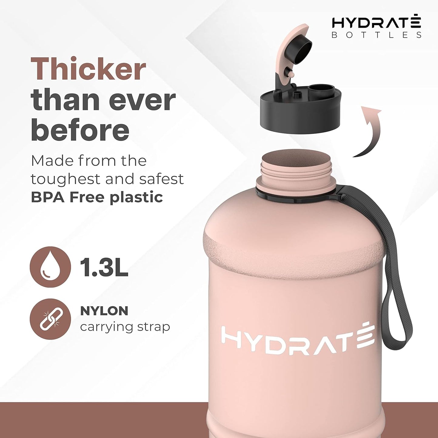 HYDRATE XL Jug Half Gallon Water Bottle with Nylon Carrying Strap & Leak-Proof Flip Cap - 2 Liter Water Jug - Large Capacity for Gym, Workouts, Sports, Running, Jogging, Travel - Matte Nude (74 oz)