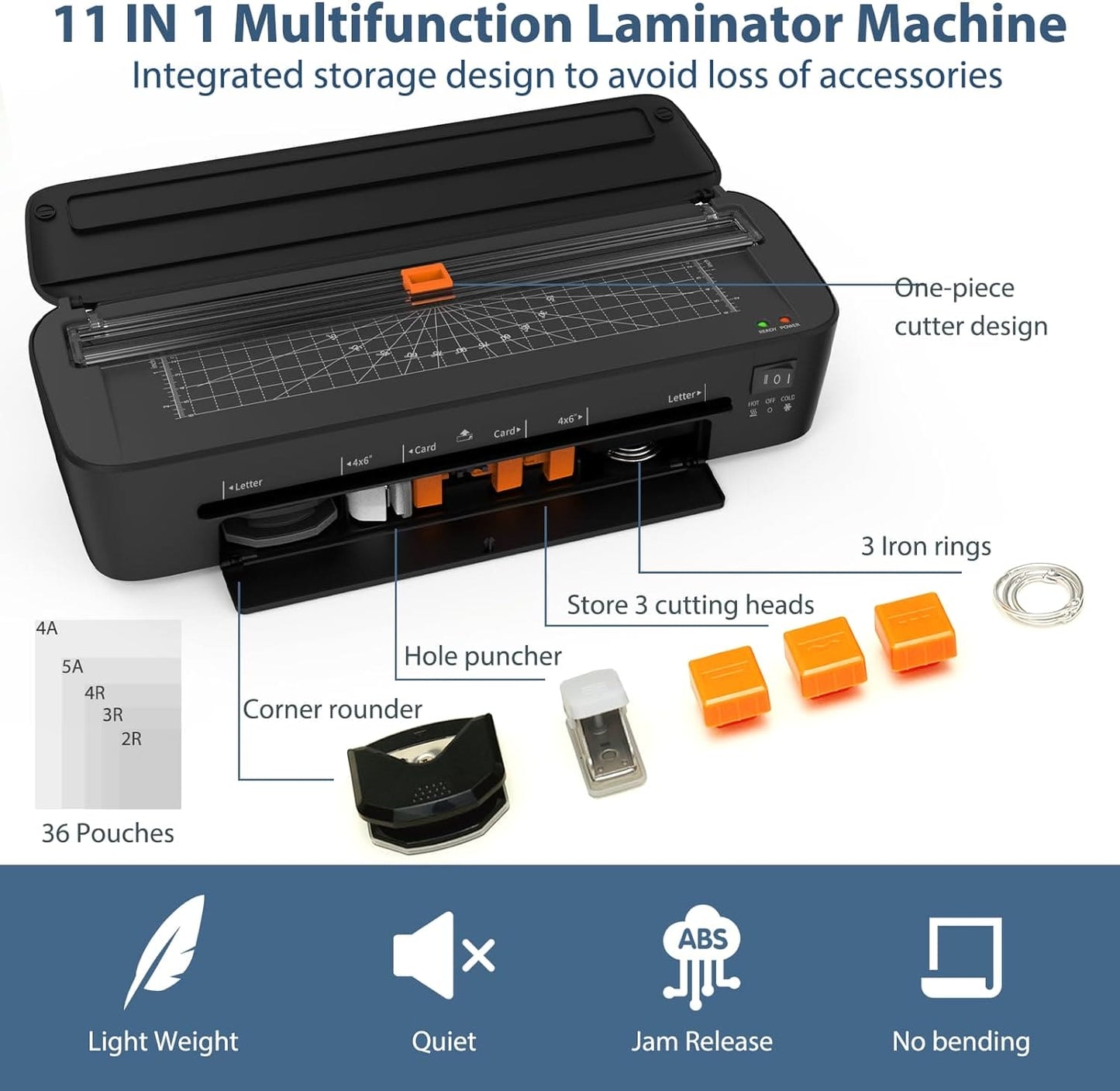 Laminator, 13" Wide 11 in 1 Laminating Machine, A4 Size Desktop Thermal Laminator 2 Temperature Modes 36 Laminating Sheets 3 Cutter Heads Built-in Paper Trimmer for Office School Business Home Use