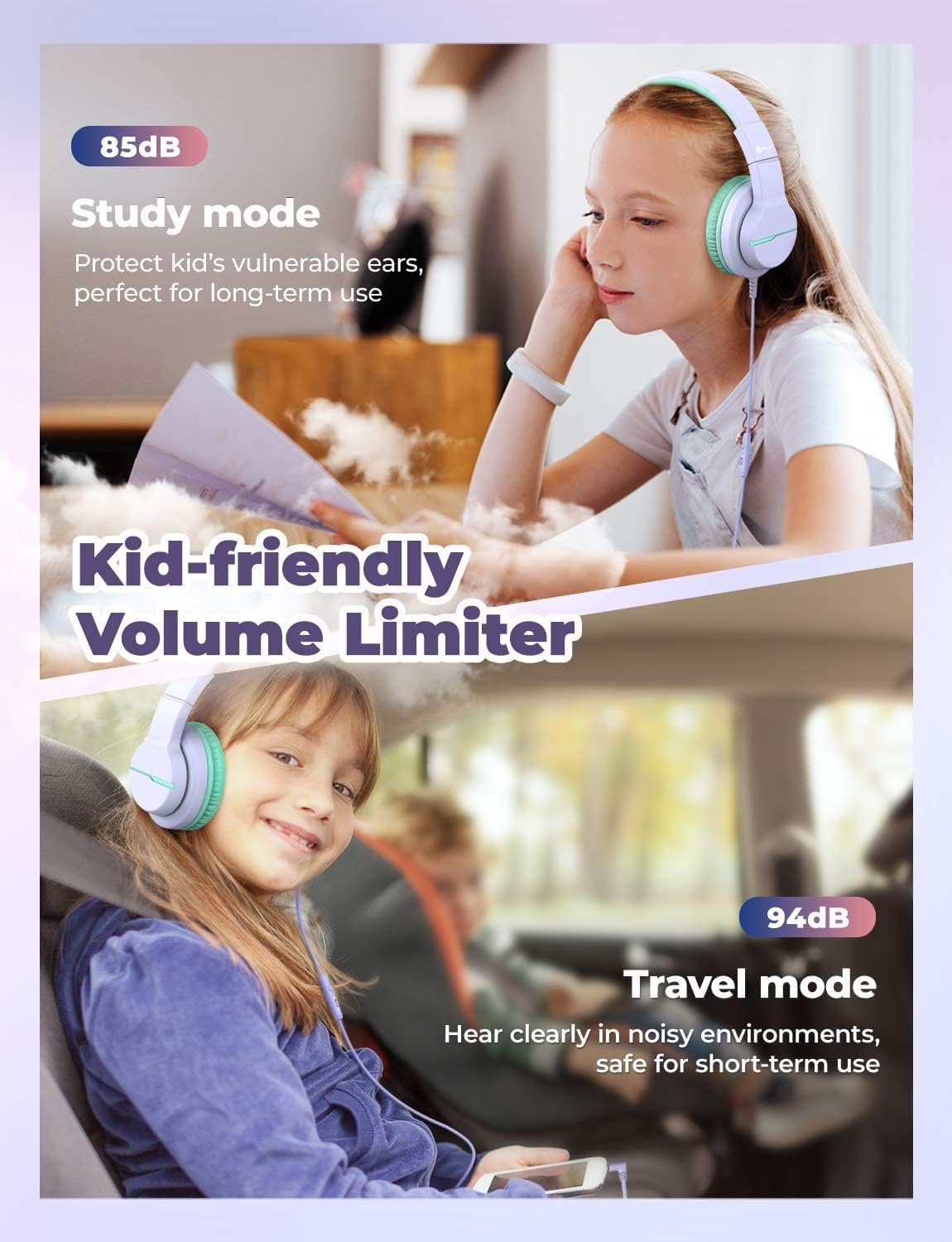 iClever HS19 Kids Headphones Over Ear, HD Stereo Headphones with Microphone for Children, Volume Limiter 85/94dB, Sharing Function, Foldable Headphones for School/Travel/Phone/Kindle/PC/MP3