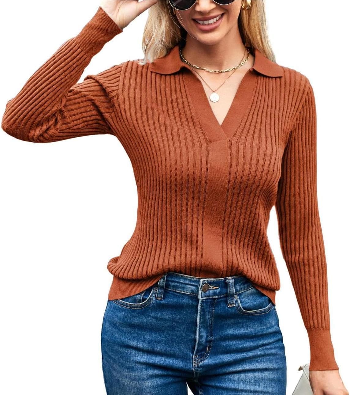 GRACE KARIN Women Long Sleeve Jumpers Polo Neck Pullover Classic Jumper Hollow Knit Casual Knitwear Sweatshirts