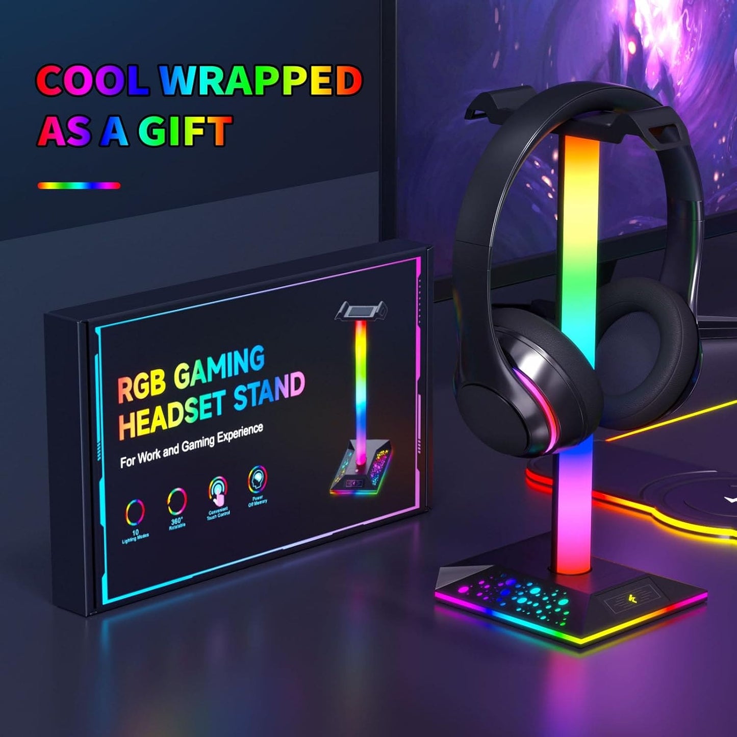 Hcman Headphone Stand Gaming Headset Holder RGB PC Gaming Accessories for Desk, Cool LED Headset Stand with 2 USB Charger for Gamer, Black