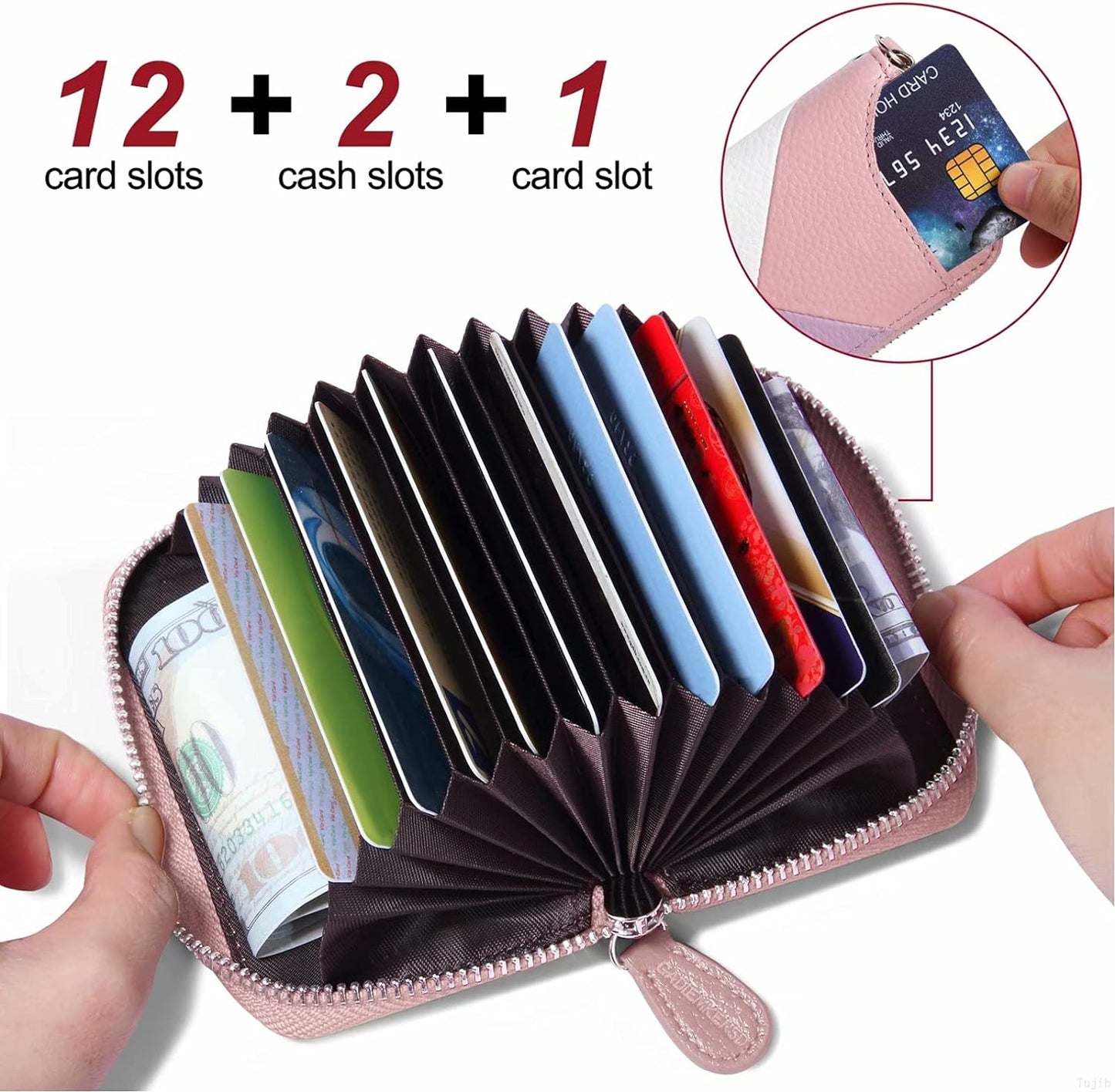 Womens Credit Card Holder Small RFID Blocking Ladies Wallet with Stainless Steel Zipper Excellent Genuine Leather Accordion Wallets Case for Women ID Compact Slim Blocked Zip Accordian Cards Pink