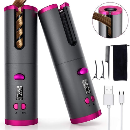 Wireless Automatic Curling Iron, Cordless Hair Curler, Ceramic Rotating Hair Curler with 6 Temps & Timers, Portable Rechargeable Wand, Auto Shut-Off, Fast Heating for Styling