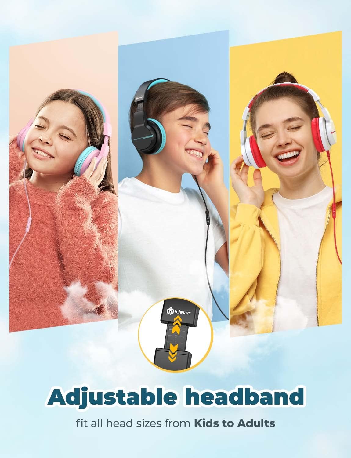 iClever HS19 Kids Headphones Over Ear, HD Stereo Headphones with Microphone for Children, Volume Limiter 85/94dB, Sharing Function, Foldable Headphones for School/Travel/Phone/Kindle/PC/MP3