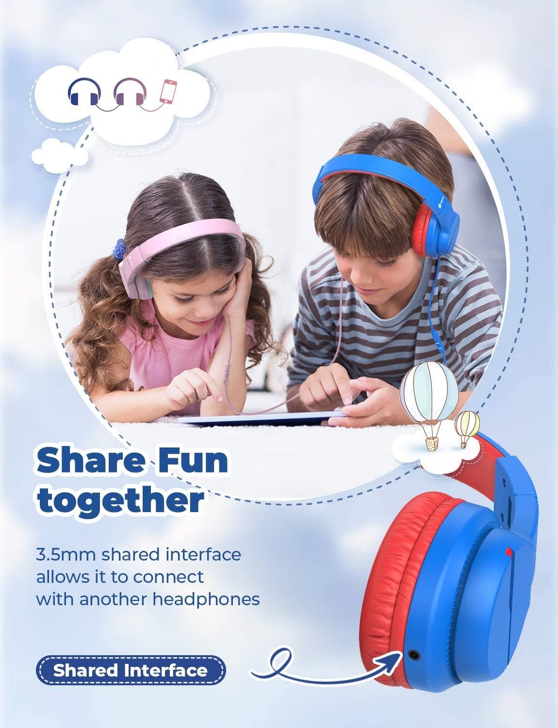 iClever HS19 Kids Headphones Over Ear, HD Stereo Headphones with Microphone for Children, Volume Limiter 85/94dB, Sharing Function, Foldable Headphones for School/Travel/Phone/Kindle/PC/MP3