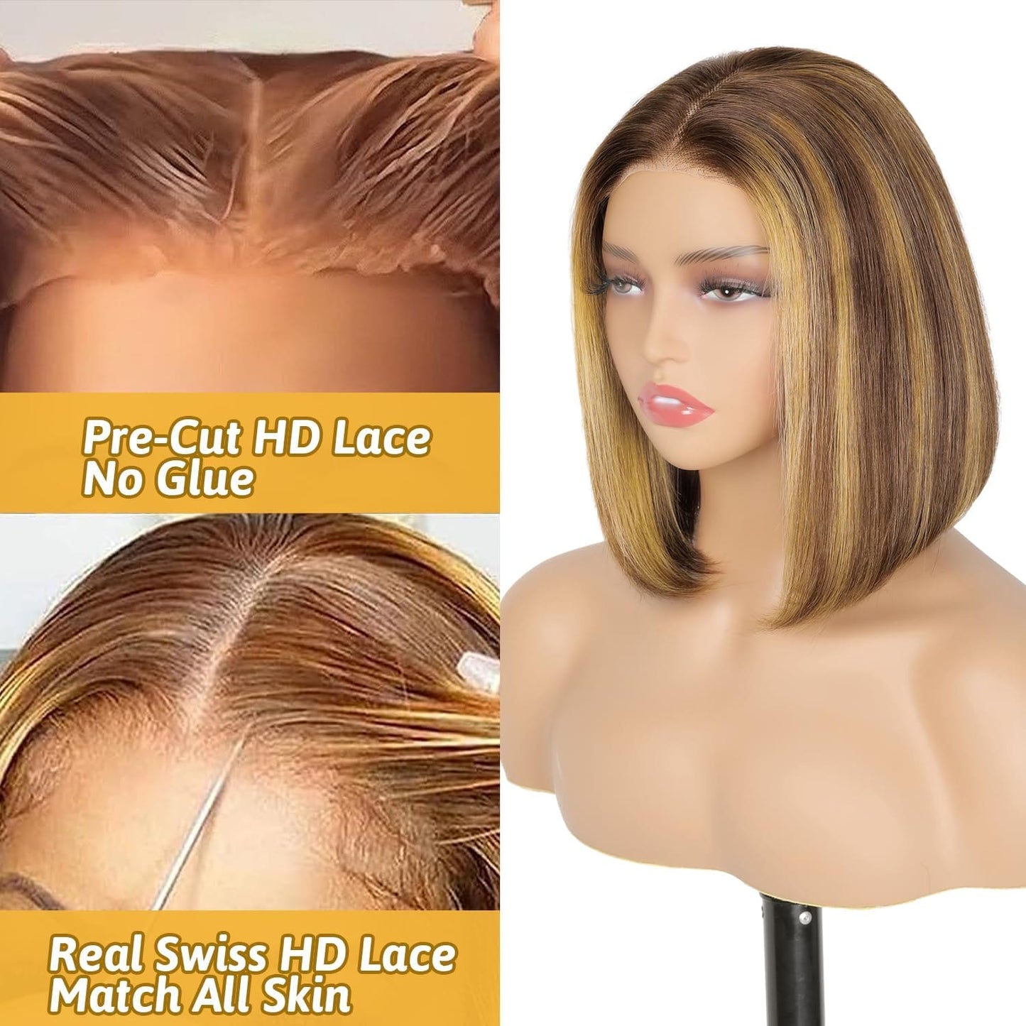 HD Lace Glueless Wig Wear and Go Brazilian Straight Lace Wigs For Women ShowJarlly No Glue 5x5 Lace Pre Cut Wig Human Hair Wigs chocolate brown mixed honey blonde wig 180% Density 18 Inch 4/27