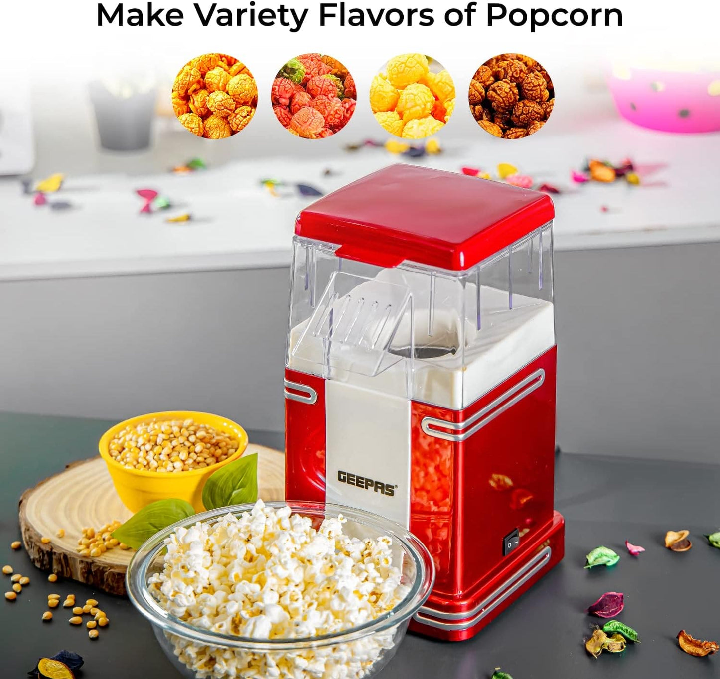 Geepas 1200W Electric Popcorn Maker Machine | Makes Hot, Fresh, Healthy and Fat-Free Theater Style Popcorn Anytime | On/Off Switch, Attractive Design & Oil-Free Popcorn Popper - 2 Years Warranty