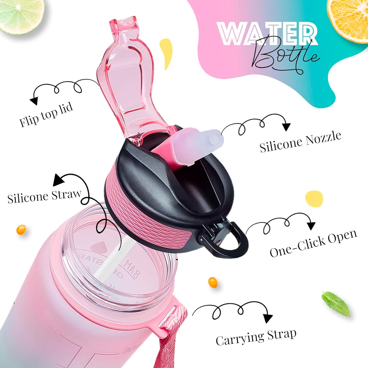 K-MART Water Bottle 1000ml Sports Water Bottle with Motivational Time Marker & Straw, Dishwasher Safe Leak-proof Drink Bottle BPA Free Non-Toxic Tritan Material 1 Click Open for Running Gym